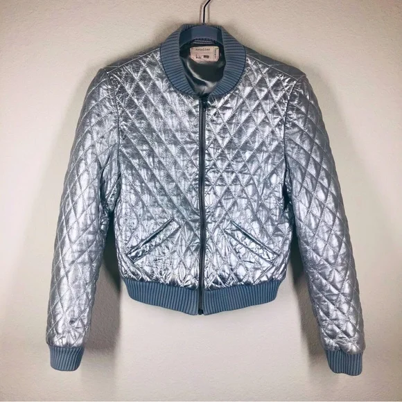 Nicole Miller Artelier Silver Quilted Lamb Leather Bomber Jacket Small - Picture 3 of 9